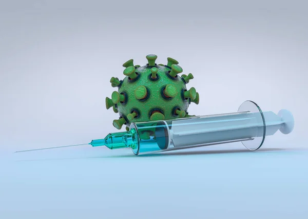 Koncepce vakcíny v injekčních stříkačkách, která virus zastaví. 3D ilustrace — Stock fotografie