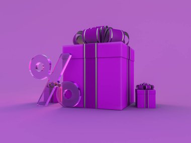 Mor kağıda sarılı hediye kutusu menekşe arkaplanda izole edilmiş. Üç Boyut