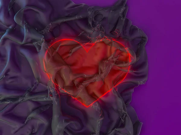 Rött glödande hjärta täckt med transparent tyg, symbol för kärlek. Tredimensionell — Stockfoto