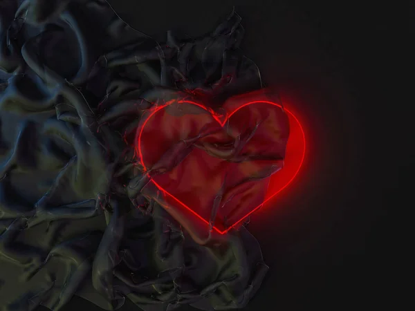 Красное сияющее сердце, покрытое прозрачной тканью, символом любви. 3D — стоковое фото