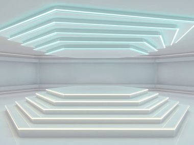 Soyut modern mimari arka plan, boş açık alan iç mekanı. Üç Boyut