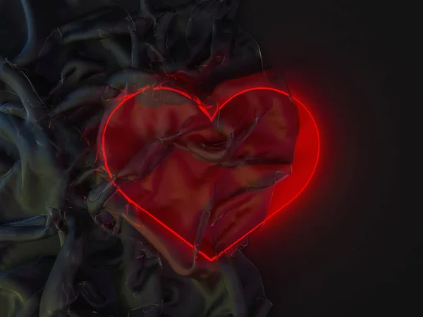Cuore rosso incandescente ricoperto di tessuto trasparente, simbolo di amore. 3D — Foto Stock