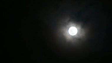 Bulutlar dolunayda hareket ediyor, atmosfer gizemli ve korkutucu görünüyor. 4K video.