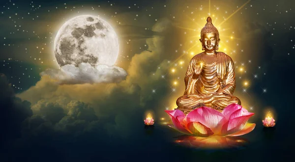 Buda Senta Lótus Céu Noite Lua Grande Fundo — Fotografia de Stock