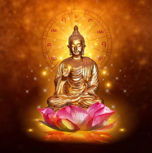 Boeddhabeeld Water Lotus Boeddha Staand Lotusbloem Oranje Achtergrond — Stockfoto