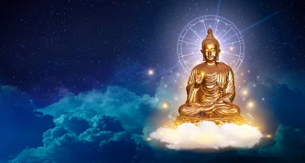 Boeddha Zit Nachts Een Lotuswolk Lucht Achtergrond — Stockfoto