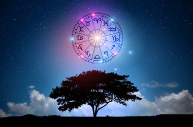 Burç dairesinin içinde burç işaretleri var. Astroloji gökyüzünde birçok yıldız ve ay ile astroloji ve burçlar kavramı
