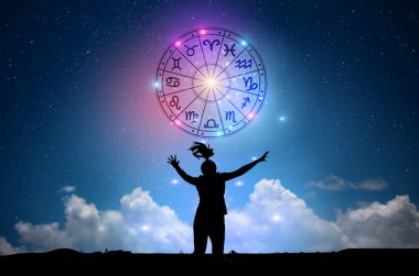 Burç dairesinin içinde burç işaretleri var. Astroloji gökyüzünde birçok yıldız ve ay ile astroloji ve burçlar kavramı