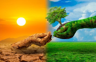 Çok farklı ortamlara sahip iki eldeki ağaç Dünya Günü veya Dünya Çevre Günü Küresel Isınma ve Kirlilik