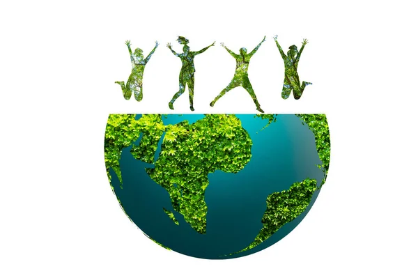Silueta Grupo Personas Saltando Concepto Conservación Tierra Medio Ambiente —  Fotos de Stock