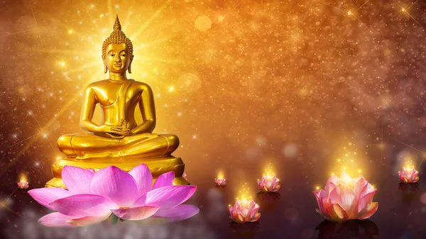 Buda Heykeli Lotusu Buda Nilüfer Çiçeğinin Üzerinde Duruyor Turuncu Arka — Stok fotoğraf