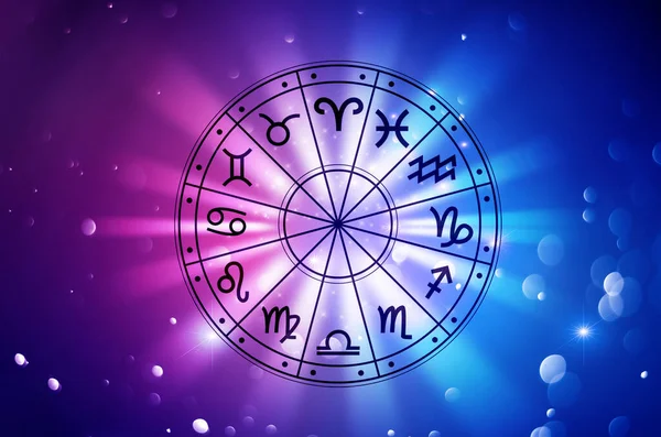 Burç dairesinin içinde burç işaretleri var. Astroloji gökyüzünde birçok yıldız ve ay ile astroloji ve burçlar kavramı