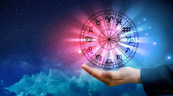 Znaki Zodiaku Wewnątrz Kręgu Horoskopu Astrologia Niebie Wieloma Gwiazdami Księżycami — Zdjęcie stockowe