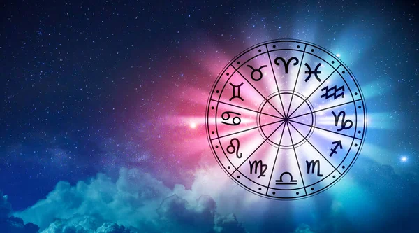 Dierenriemtekens Horoscoopcirkel Astrologie Aan Hemel Met Veel Sterren Manen Astrologie — Stockfoto