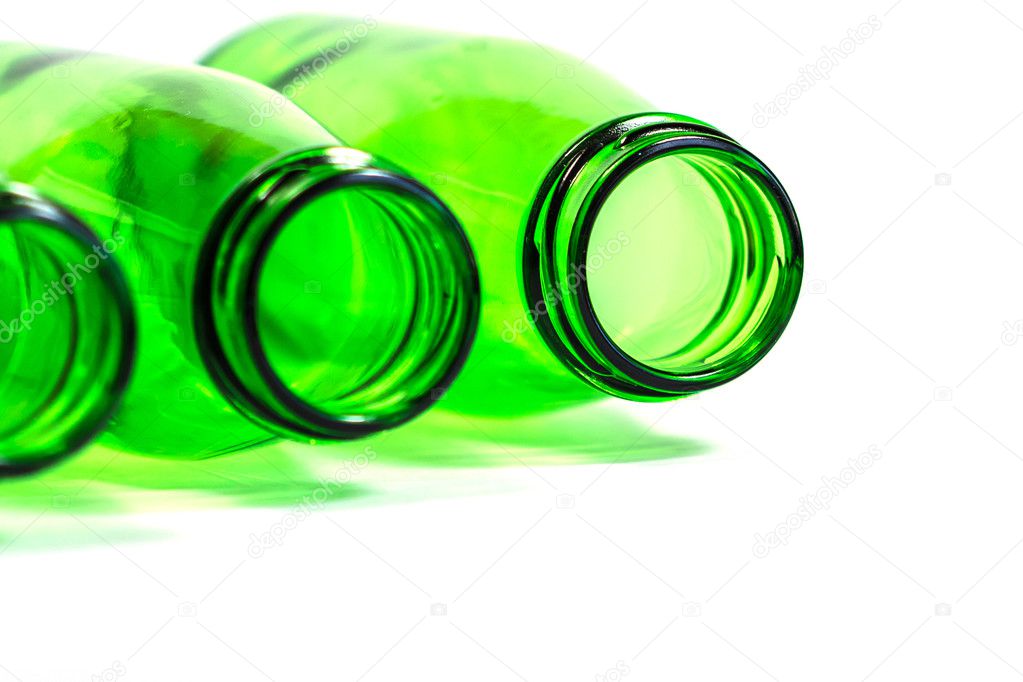 Three Green Bottles on White Background with focus on Right bottle