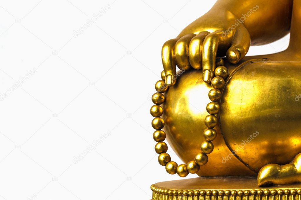 Prayer Beads in Buddha's Hand Statue isolated in White Background
