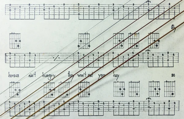 Guitar Strings on Old Yellowed Music Sheet with Lyrics, Closeup — Stock Photo, Image