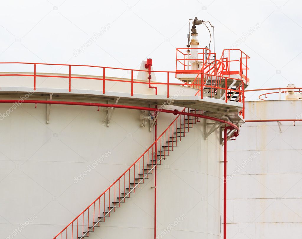 Oil Tank with Vivid Color Pipe and Staircase on White Background