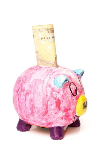 Piggy bank with notes — Stock Photo, Image