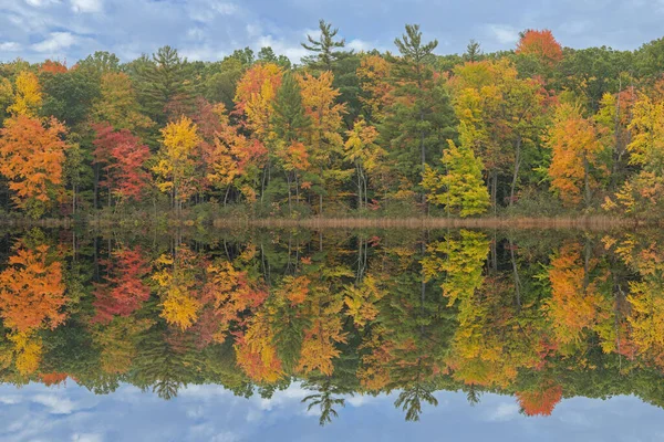 Paysage Automnal Rivage Lac Long Avec Des Reflets Miroirs Eau — Photo