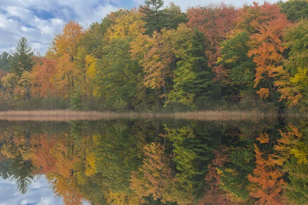 Herbstliche Landschaft Ufer Des Long Lake Mit Spiegelnden Spiegelungen Ruhigem — Stockfoto