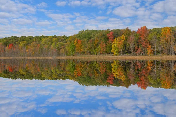 美国密歇根州立公园 深湖海岸线的秋景 平静的水中映照出倒影 — 图库照片