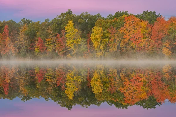 美国密歇根州扬基泉州立公园 黎明时分 麦当劳湖畔的秋景映照在平静的水面上 — 图库照片