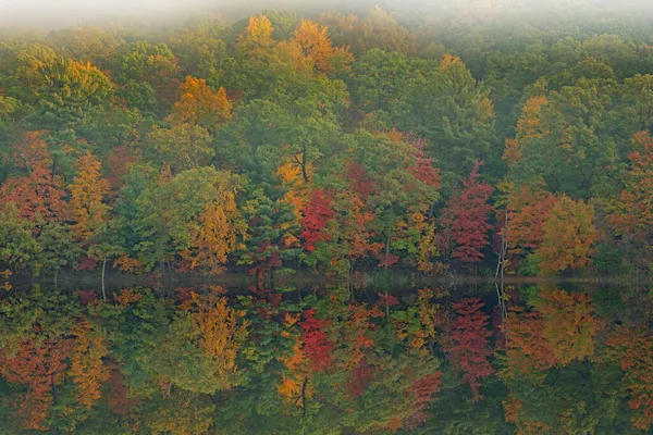 Ομιχλώδες Τοπίο Φθινόπωρο Της Ακτογραμμής Του Hall Lake Αντανακλάσεις Καθρέφτη — Φωτογραφία Αρχείου