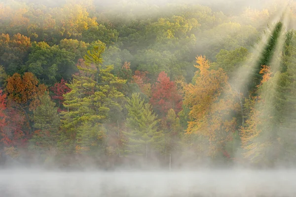 Nebelige Herbstlandschaft Ufer Des Hall Lake Mit Sonnenstrahlen Yankee Springs — Stockfoto