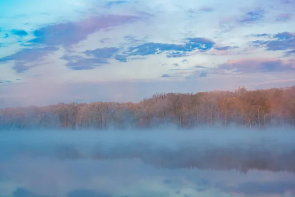 Foggy Spring Landskap Ved Daggry Ved Bredden Deep Lake Med – stockfoto