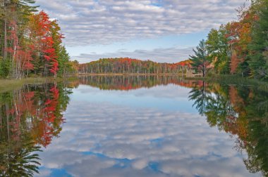 Autumn landscape of Council Lake with reflections of trees and clouds in calm water, Hiawatha National Forest, Michigan's Upper Peninsula, USA clipart