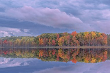 Derin Göl kıyılarının şafağında sonbahar manzarası sakin suda yansıyan yansımalarla, Yankee Springs State Park, Michigan, Usa