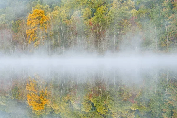 Neblige Herbstlandschaft Ufer Des Tiefen Sees Mit Spiegelbildern Ruhigem Wasser — Stockfoto