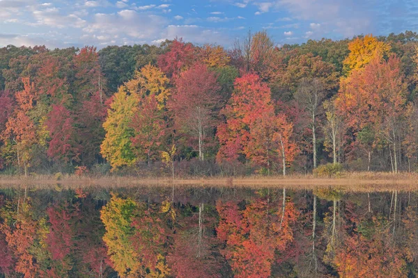 Autumn Landscape Shoreline Deep Lake Sunrise Mirrored Reflections Calm Water — Stock Fotó