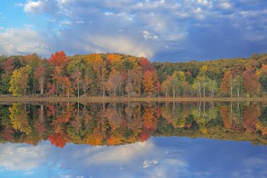 Derin Göl 'ün kıyılarının gündoğumunda sonbahar manzarası, Yankee Springs Eyalet Parkı, Michigan, ABD