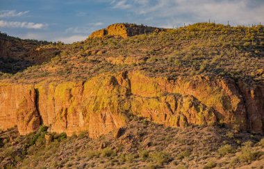 Batıl inançlı vahşi doğanın bahar manzarası gün batımına yakın, Apaçi Patikası, Tonto Ulusal Ormanı, Arizona, ABD