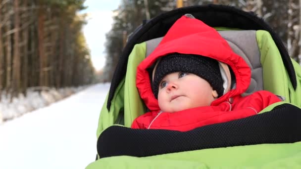 Adorabile bambino di 7 mesi nel passeggino periodo invernale — Video Stock