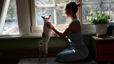 Güzel esmer kadın pencerenin kenarında köpeğini okşar. 