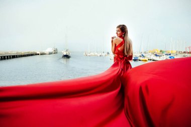 Arka tarafta uzun kırmızı elbiseli muhteşem bir kadın var. 