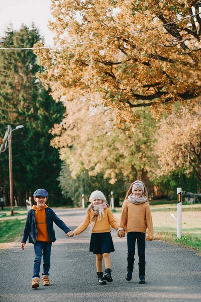 Schattige gelukkige kinderen buiten op herfstdag. Broer en twee zussen — Stockfoto