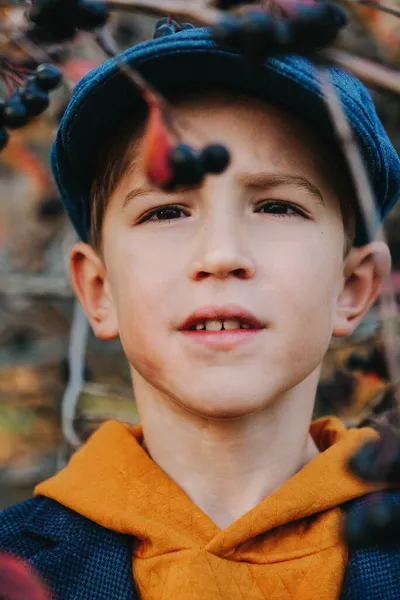 Zbliżenie portret chłopca patrzącego na borówki. — Zdjęcie stockowe