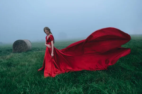 Young woman in long red dress walking in the field at twilight time — Stock Photo, Image