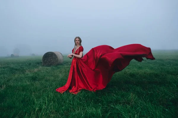 Young woman in long red dress standingin the field at twilight time — Stock Photo, Image