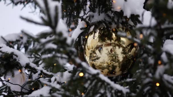 Χριστουγεννιάτικο δέντρο στην κεντρική πλατεία της πόλης, διακοσμημένο με χρυσές μπάλες — Αρχείο Βίντεο