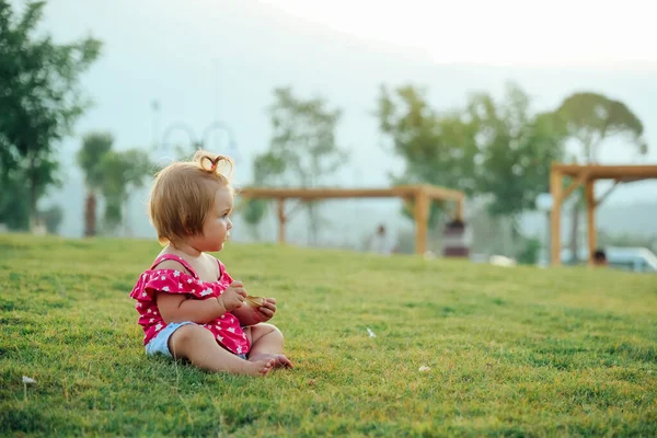 Schattig peuter meisje zit op het gras — Stockfoto