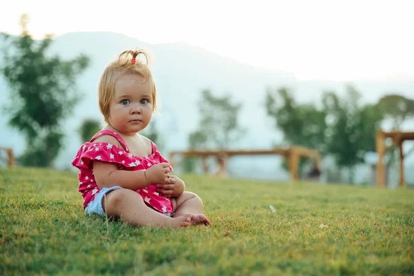 Schattig peuter meisje zit op het gras — Stockfoto
