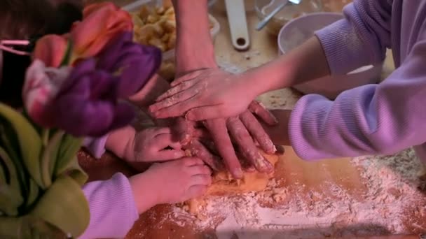 Glücklich Liebende Familie Bereitet Gemeinsam Der Küche Apfelkuchen Mutter Und — Stockvideo