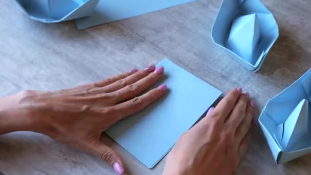 Timelapse Woman Hands Making Boat Origami Paper — Stock Video