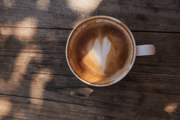 Cup Cappuccino Coffee Heart Shape Wooden Table Conceptual Coffee Cup — Stok Foto