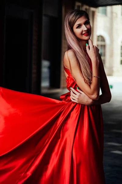 Portrait Young Charming Woman Long Red Dress City Looking Camera — Photo